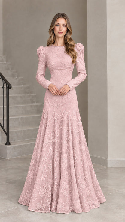 Dusty pink long sleeve floral lace formal maxi dress