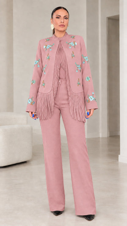 Dusty pink floral embroidered fringe jacket and matching trousers suit set