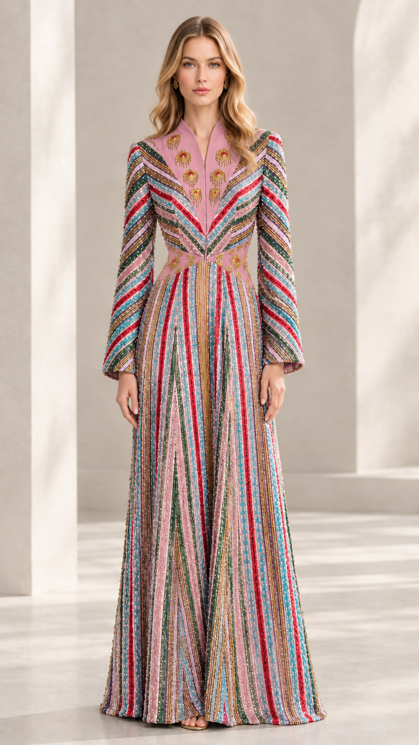 Model wearing Blush Pink embellished striped kaftan maxi dress