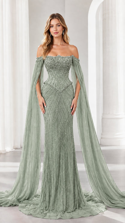 Sage green beaded evening gown with elegant draped cape sleeves