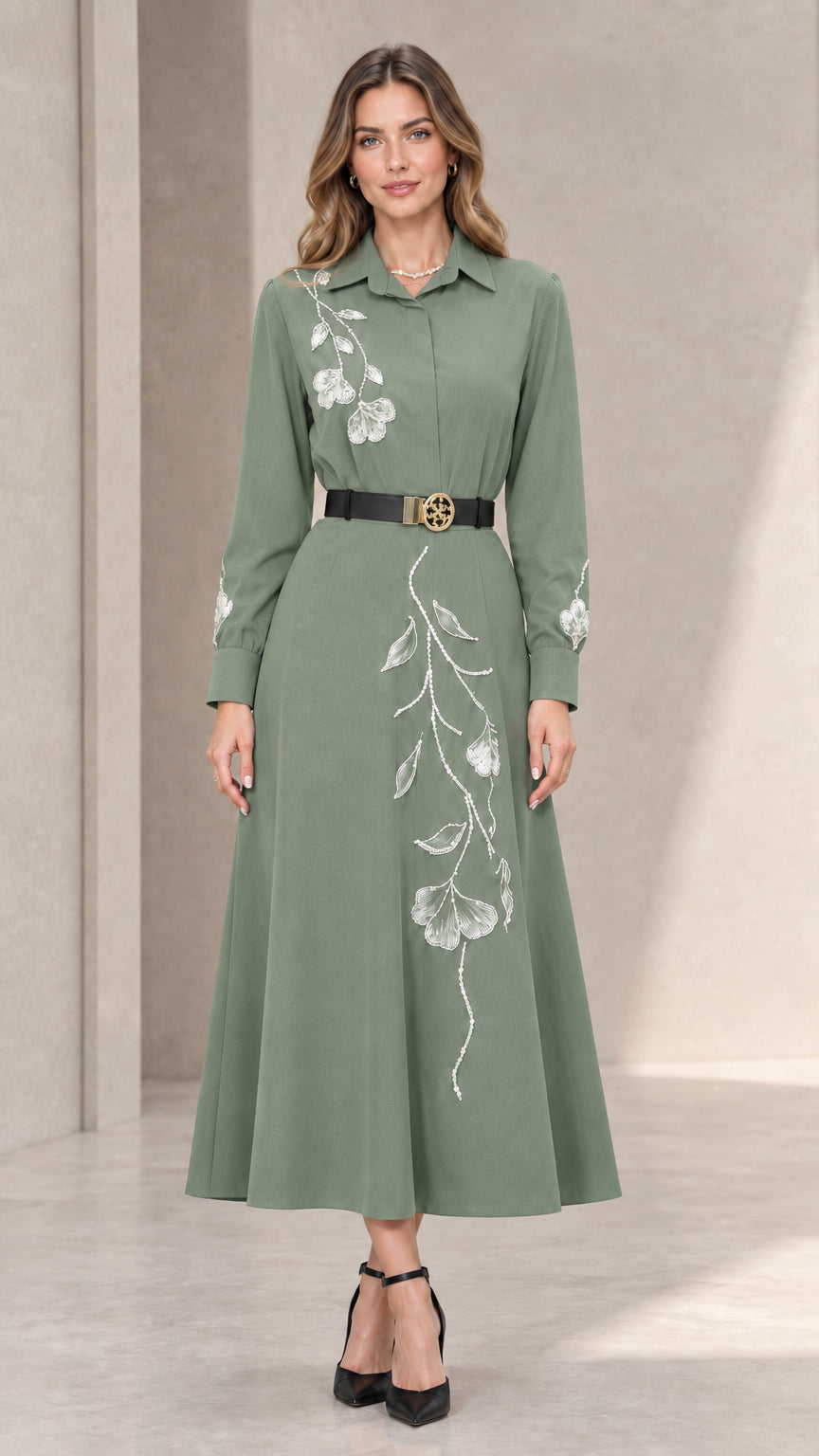 Front full view of sage green embroidered long sleeve midi shirt dress