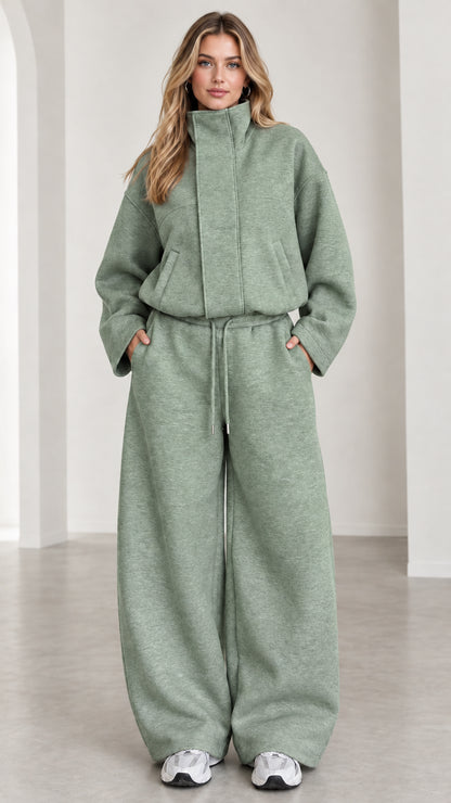 Women's sage green casual funnel neck sweatshirt and wide leg trousers set