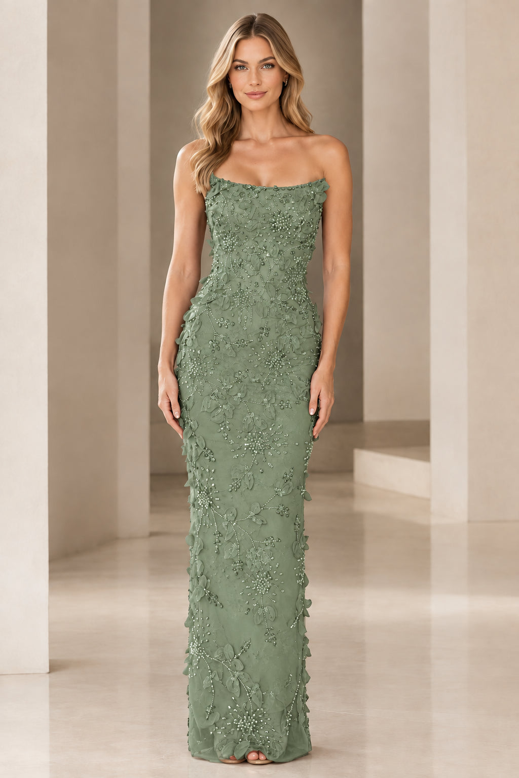 Front view of strapless 3D floral beaded column gown in sage green