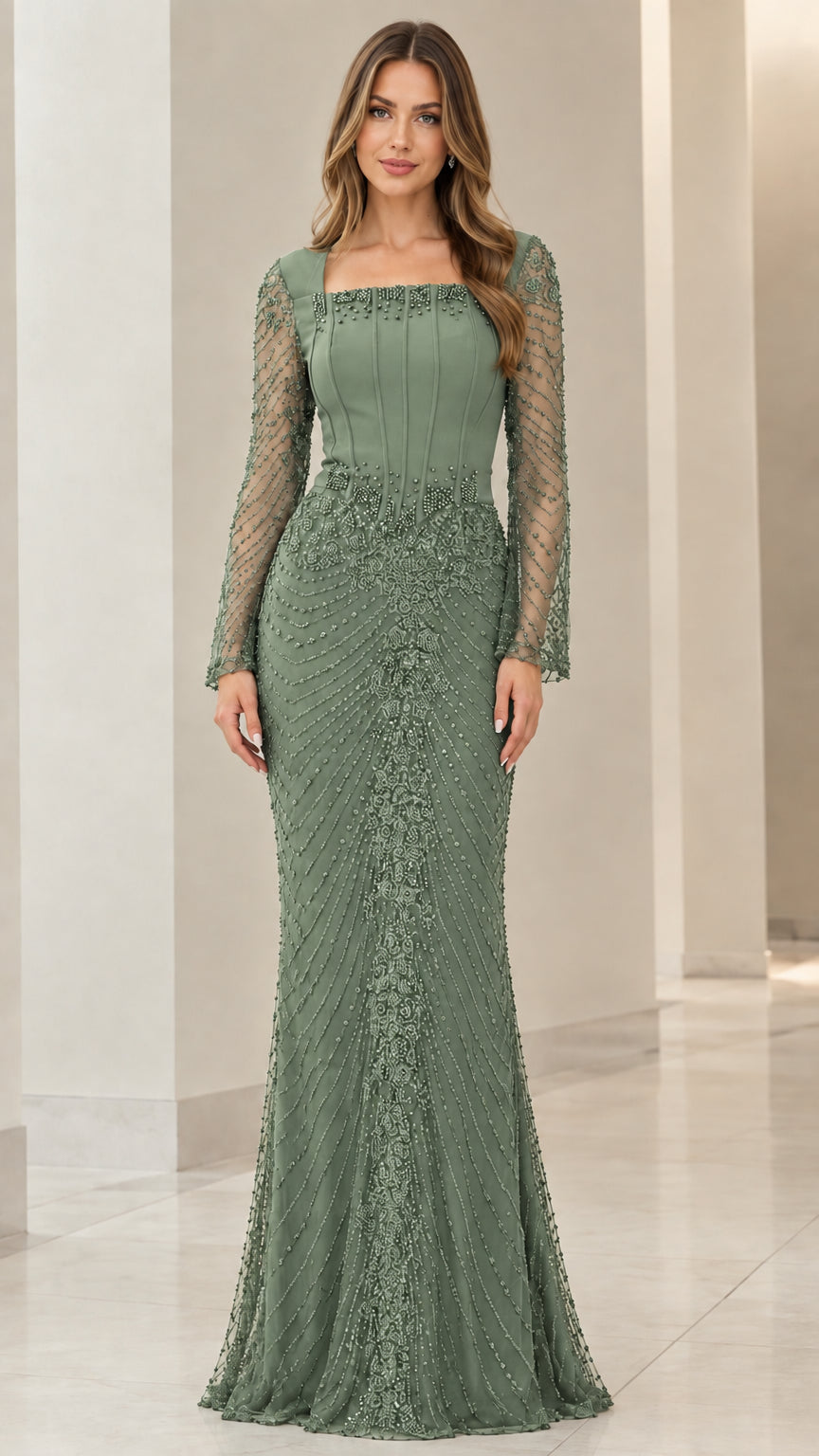 Sage Green embellished long sleeve floor-length evening gown