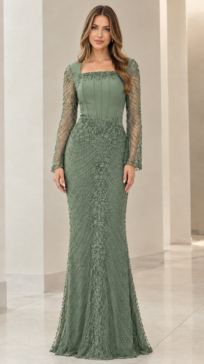 Sage Green embellished long sleeve floor-length evening gown