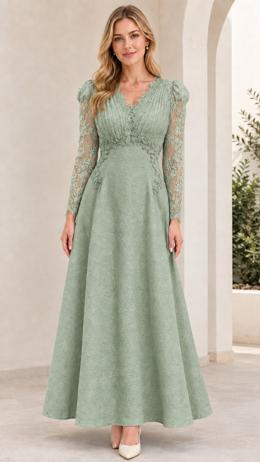 Sage Green long sleeve lace evening maxi dress