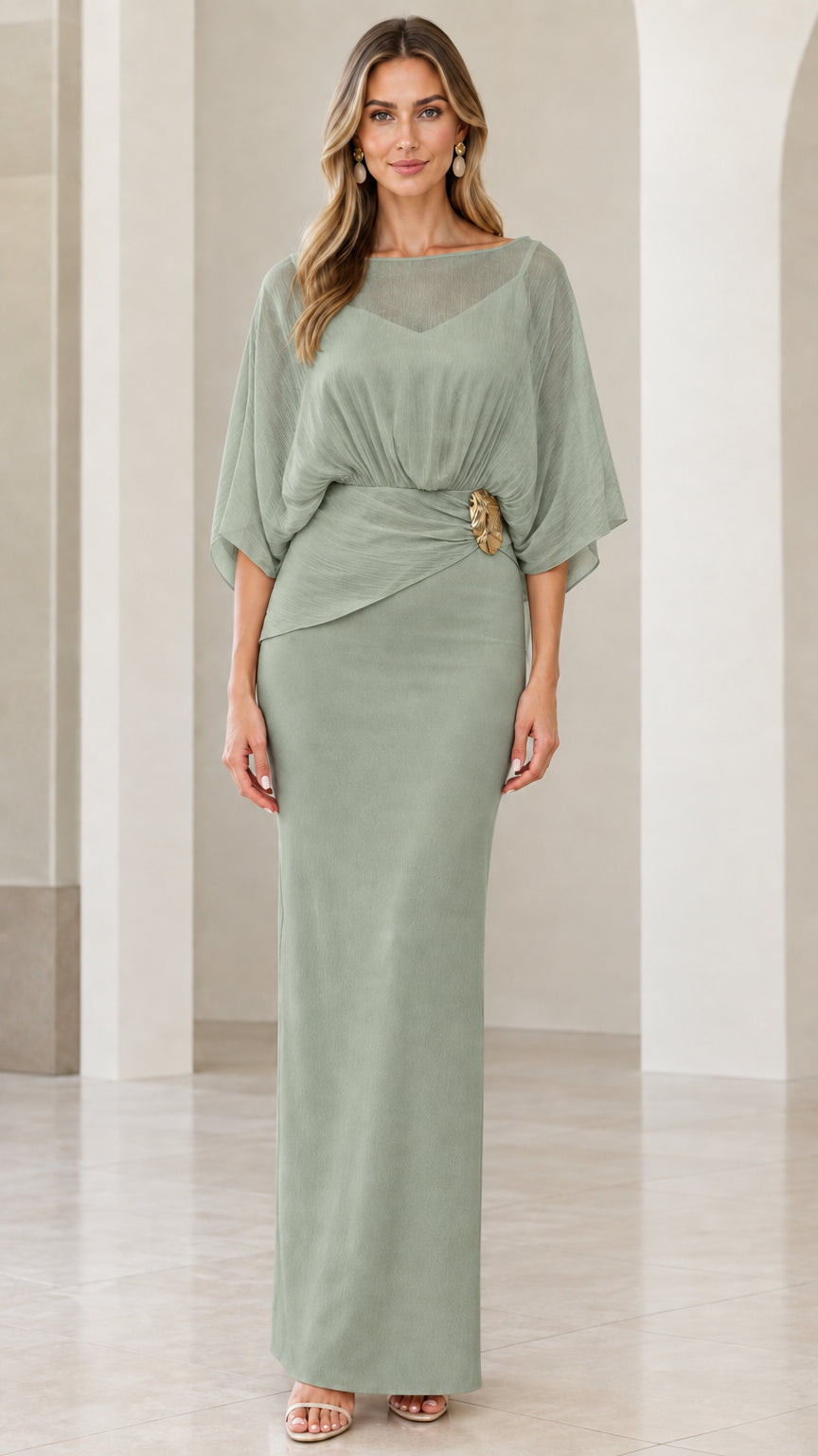 Sage green illusion capelet evening column dress