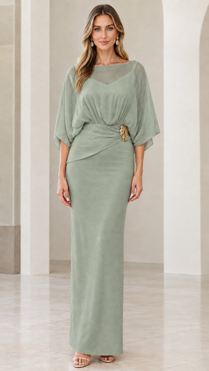 Sage green illusion capelet evening column dress