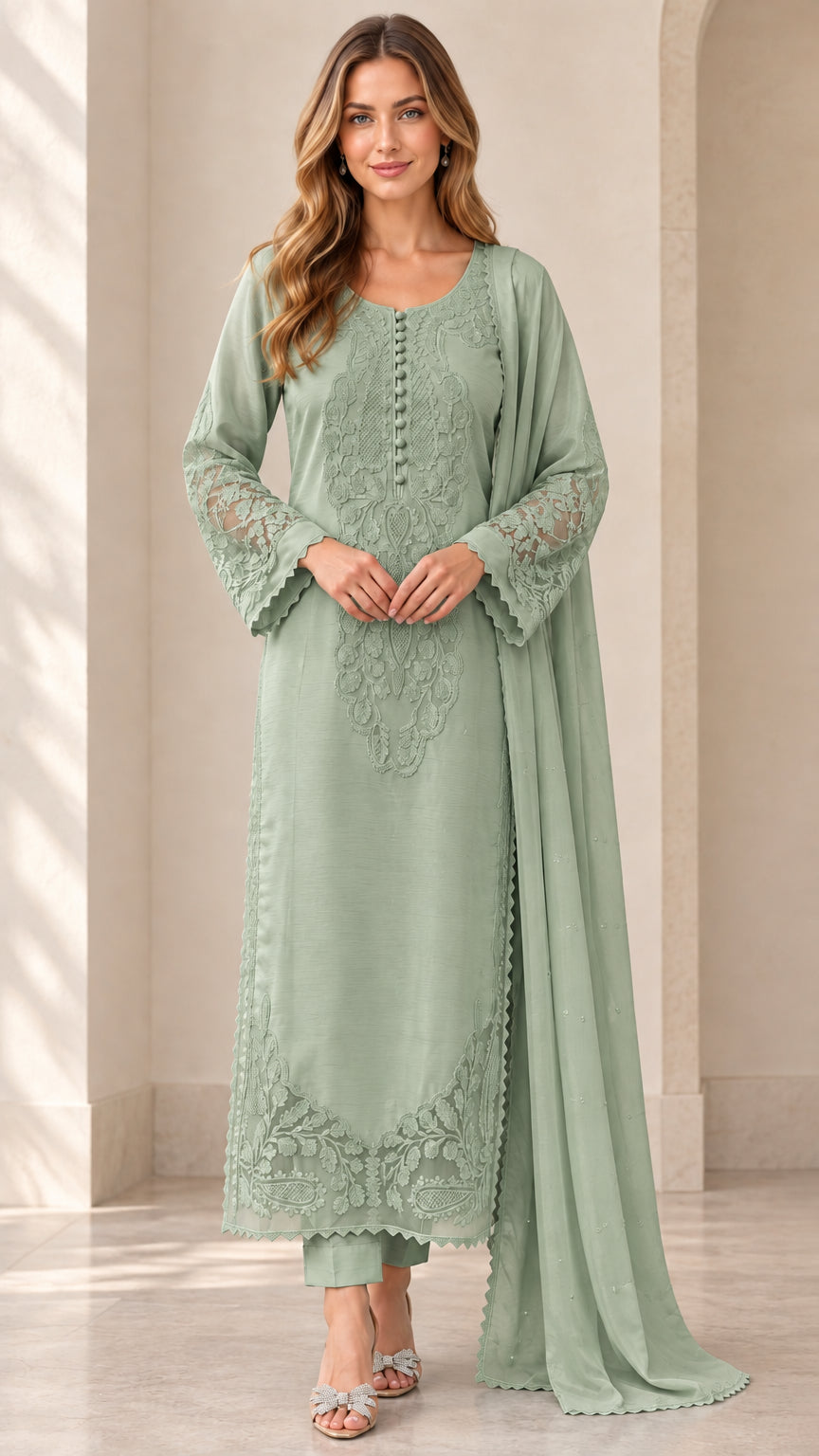 Model wearing sage green embroidered 3-piece pant suit set