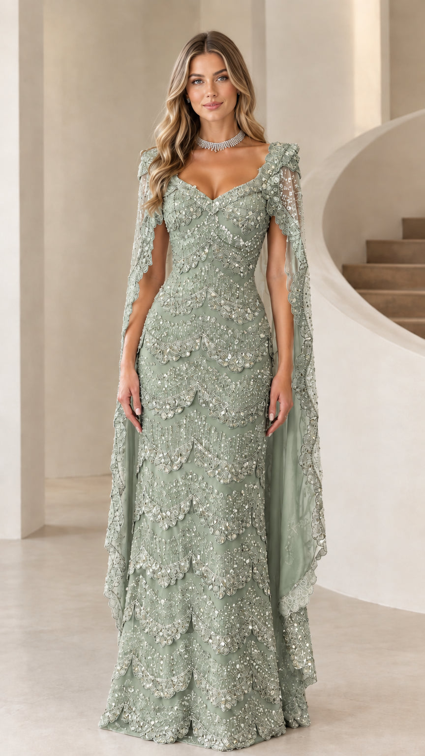 Front view of sage green beaded scalloped formal gown with matching cape