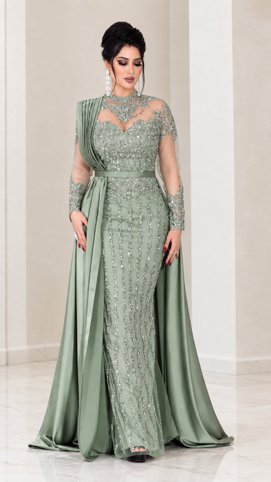 Sage Green embellished long sleeve formal gown with satin shoulder train