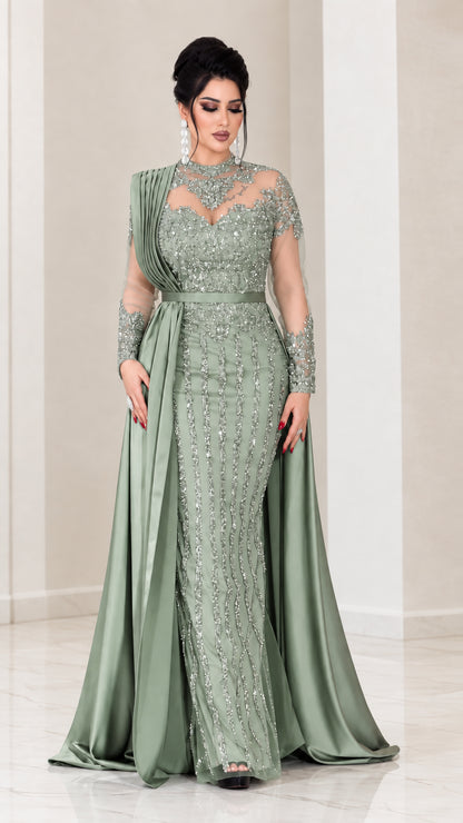 Sage Green embellished long sleeve formal gown with satin shoulder train