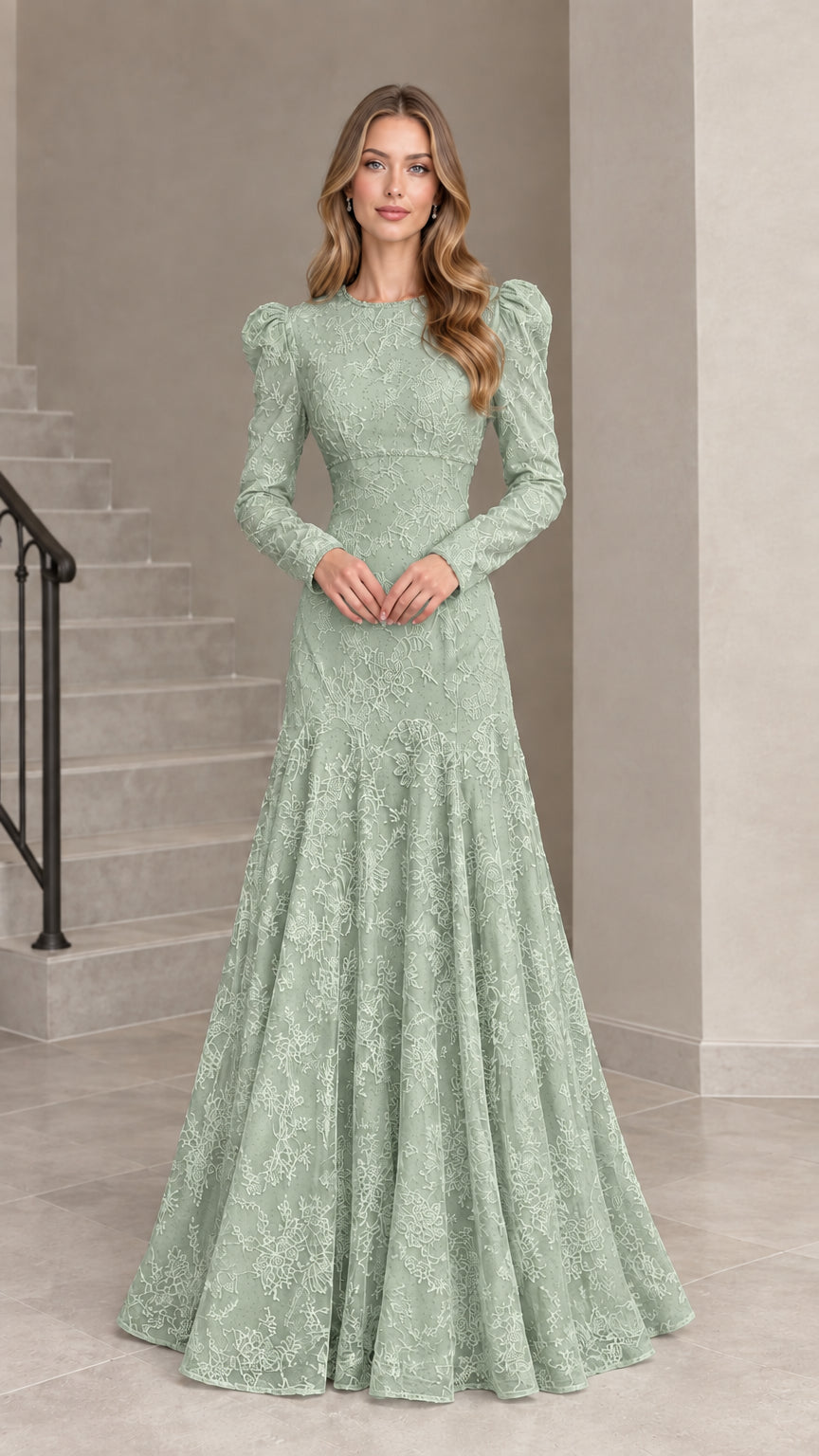 Sage green long sleeve lace evening gown with beaded accents