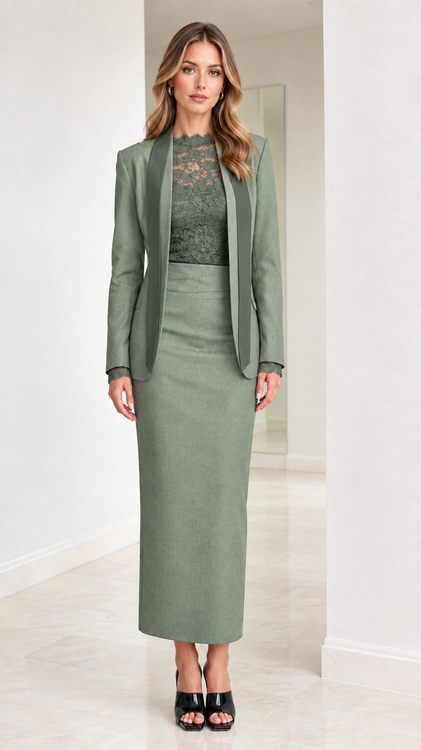 Front view of sage green tailored blazer and maxi skirt suit set with lace neckline