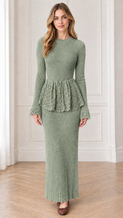 Front view of sage green ribbed knit peplum maxi dress with lace trim