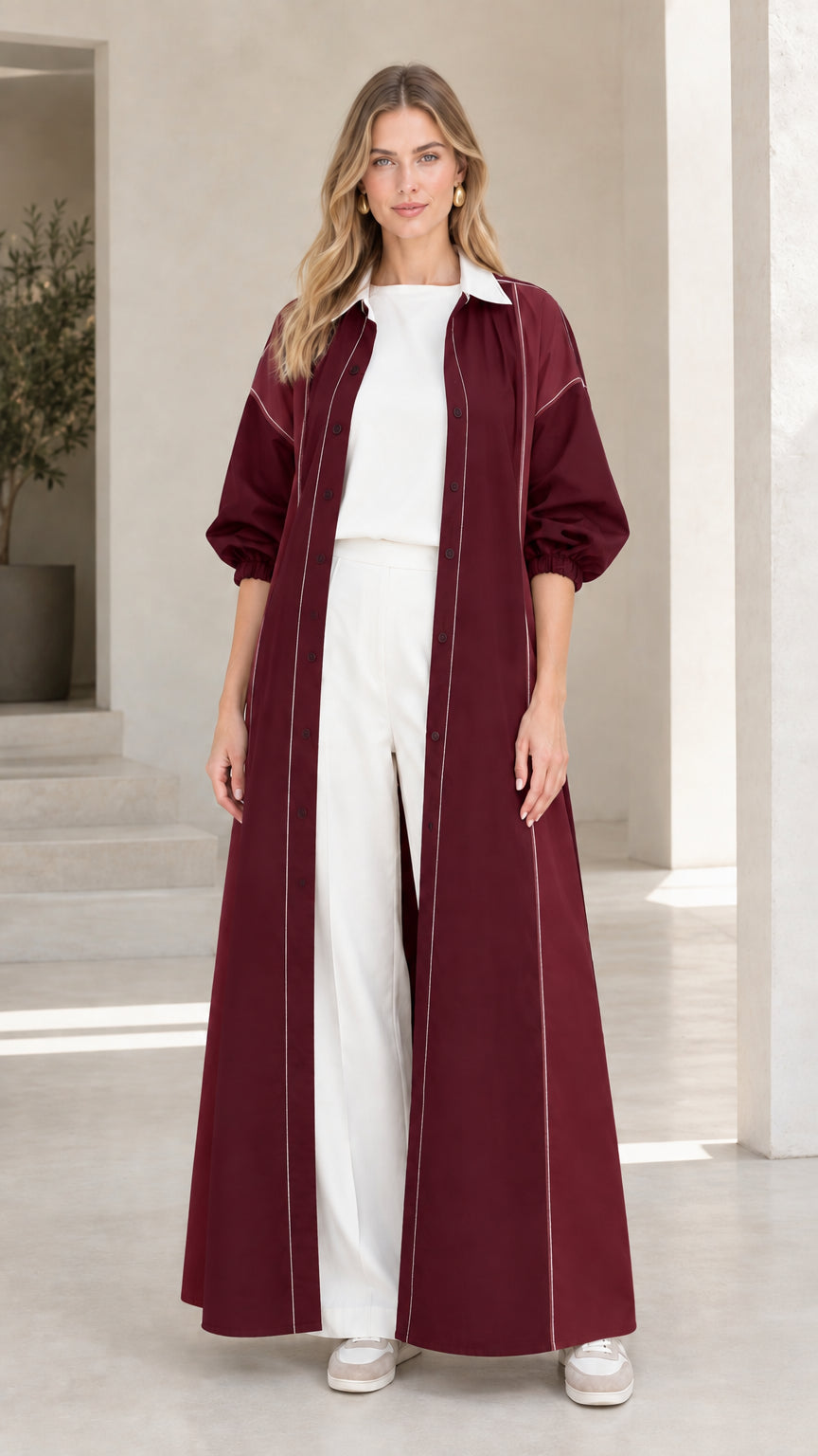 Burgundy wine red colorblock maxi duster shirt dress on model