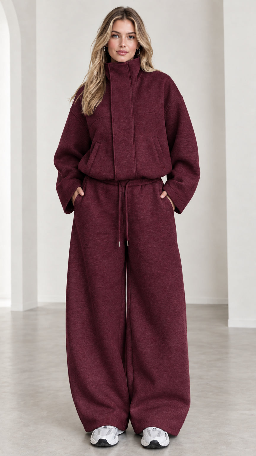Women's burgundy wine red funnel neck two-piece loungewear sweatsuit