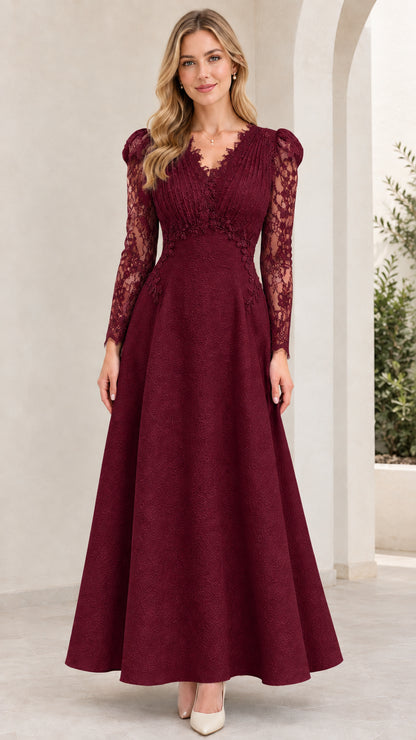 Burgundy wine lace long sleeve V-neck formal gown