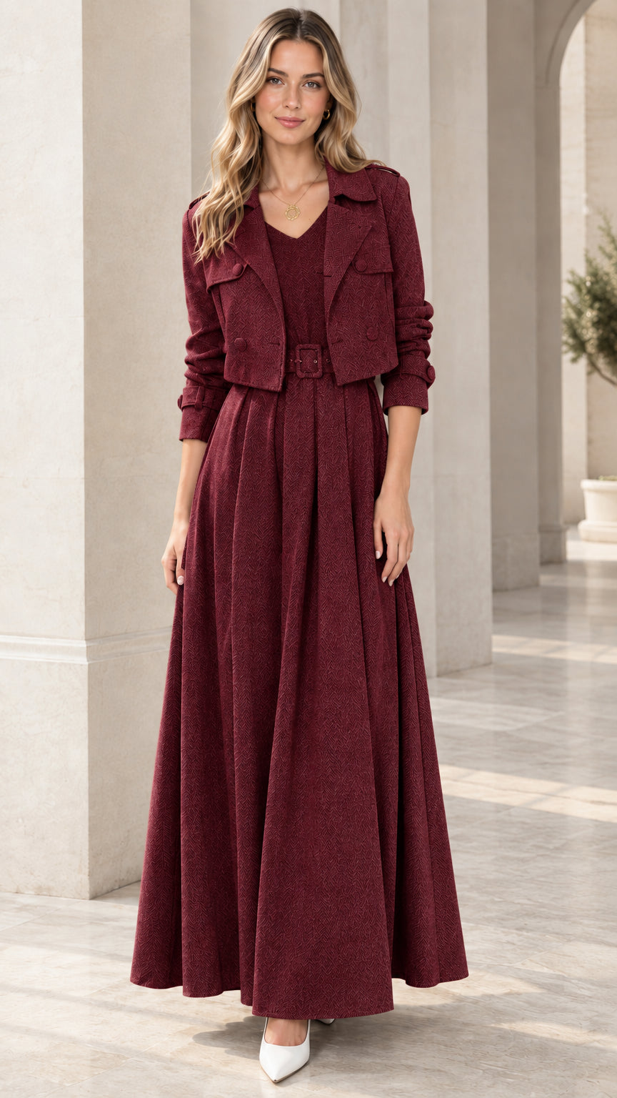 Full front view of model wearing Burgundy cropped jacket and pleated maxi dress set