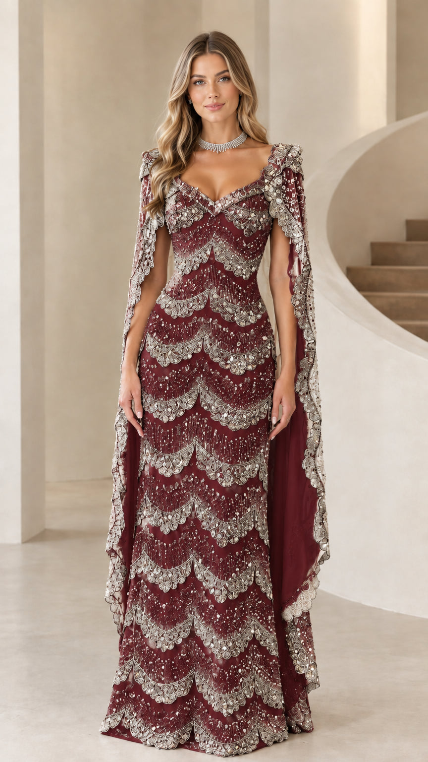 Front view of burgundy wine beaded scalloped evening gown with matching cape