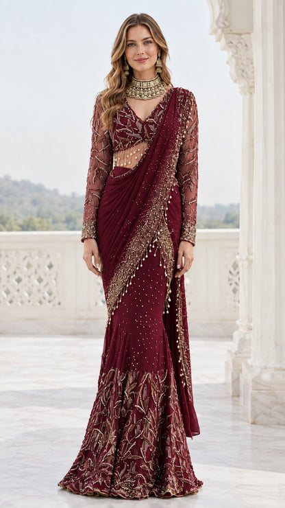 Front full-length view of burgundy red embroidered pre-draped saree gown with embellishments