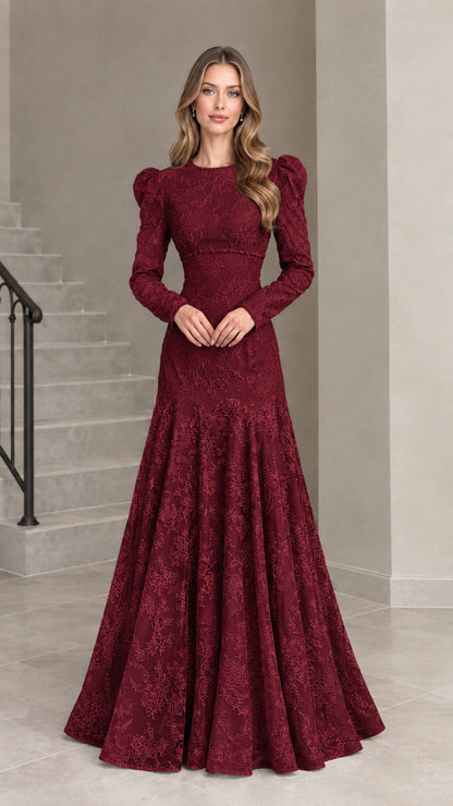 Burgundy wine long sleeve lace formal gown front view