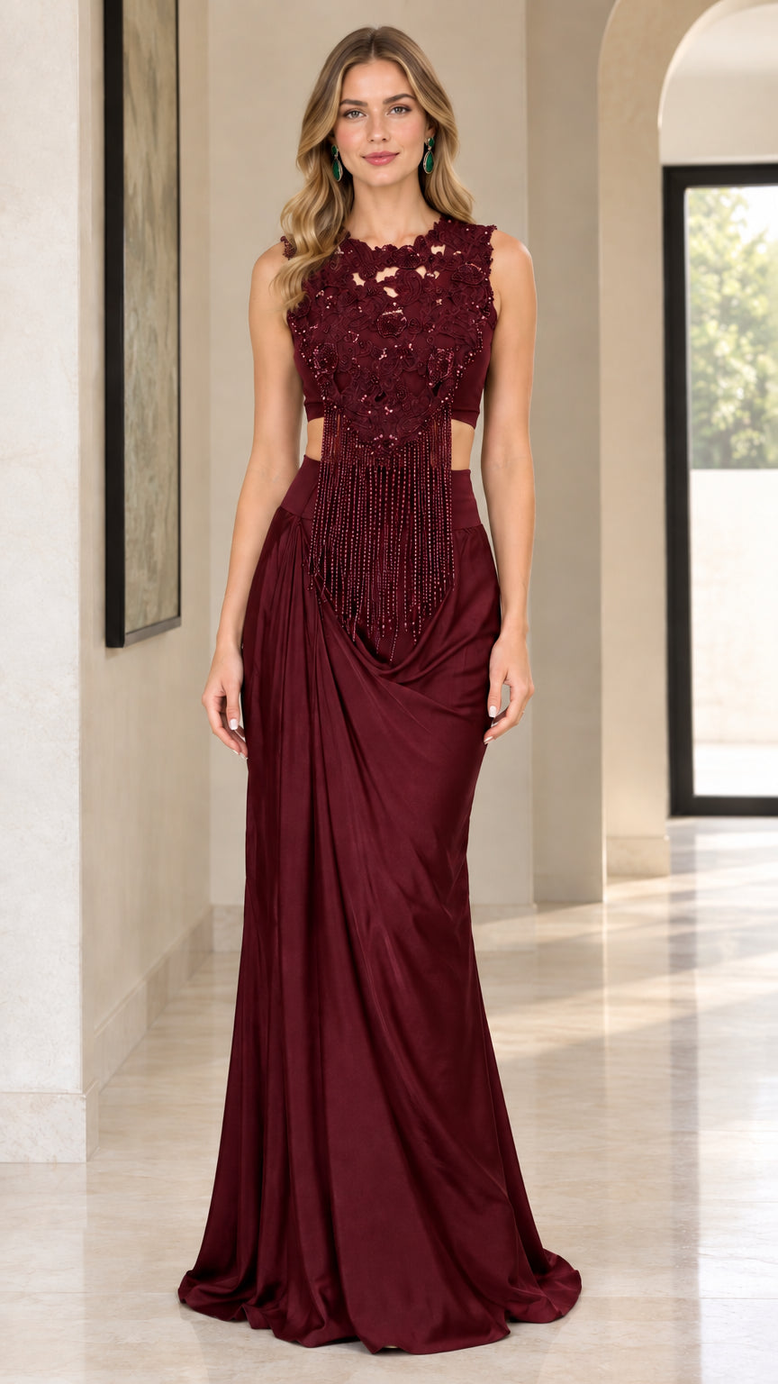 Full-length front view of the beaded fringe evening dress in Burgundy