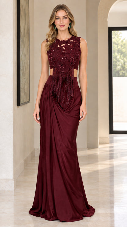 Full-length front view of the beaded fringe evening dress in Burgundy