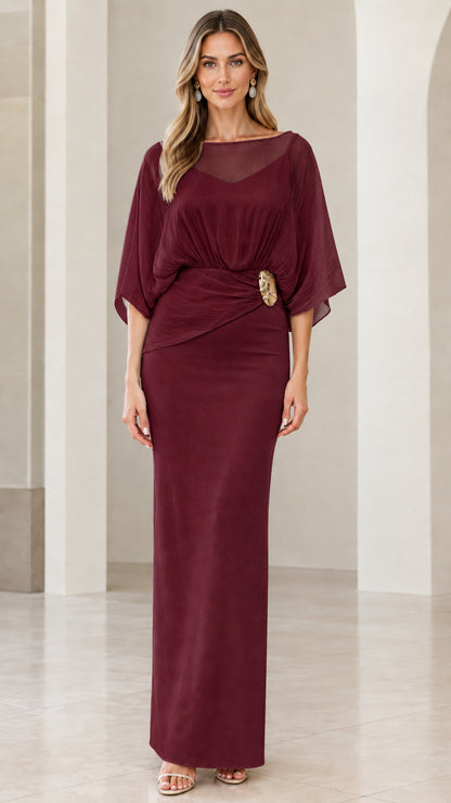 Burgundy wine formal chiffon capelet evening maxi gown