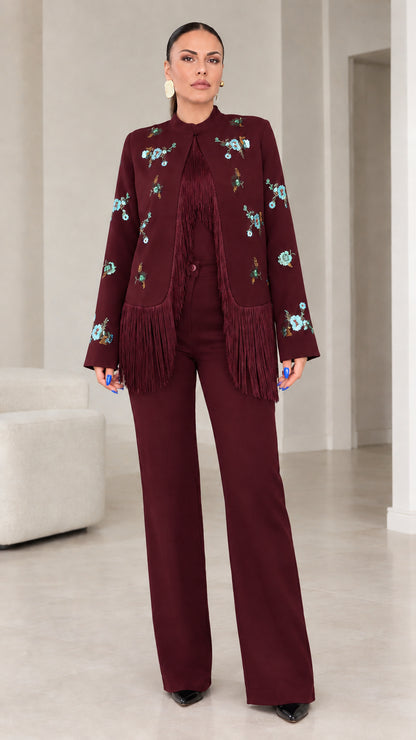 Burgundy wine red floral embroidered fringe jacket and tailored pant suit set