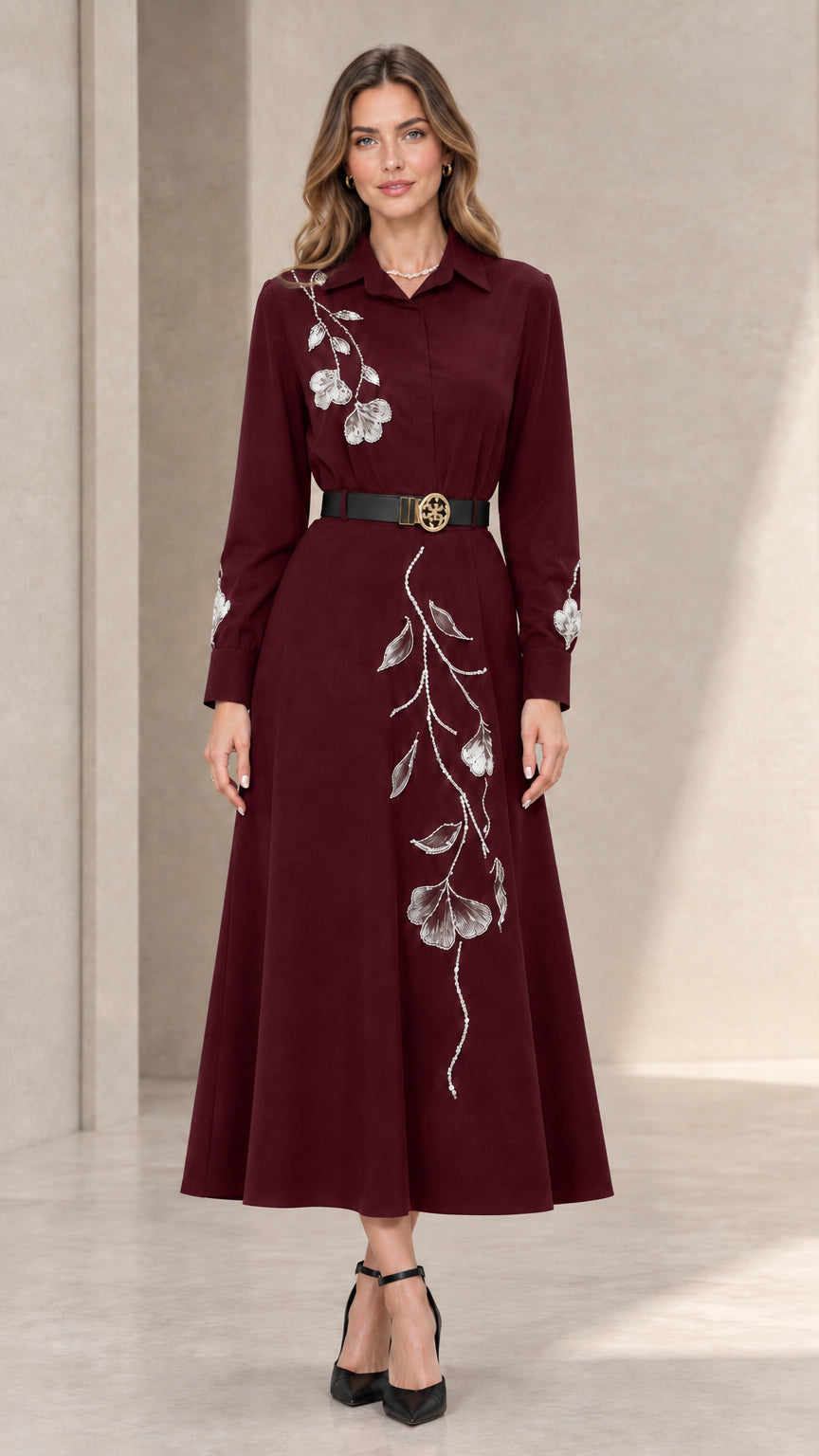Front full view of burgundy wine embroidered long sleeve midi shirt dress