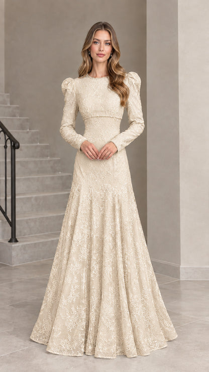 Champagne ivory long sleeve lace evening gown front view