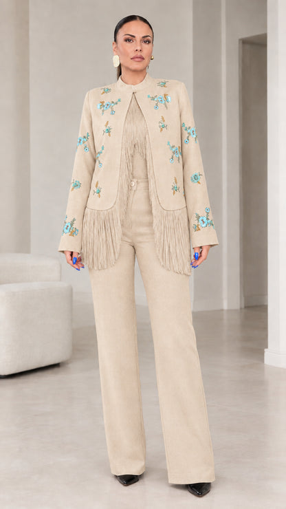 Beige champagne floral embroidered fringe blazer and matching tailored trousers set