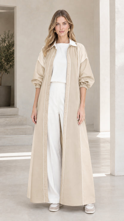 Beige neutral tone colorblock maxi duster shirt dress on model