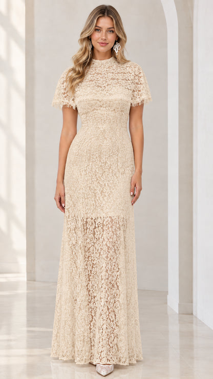 Champagne beige floral lace evening maxi dress front view
