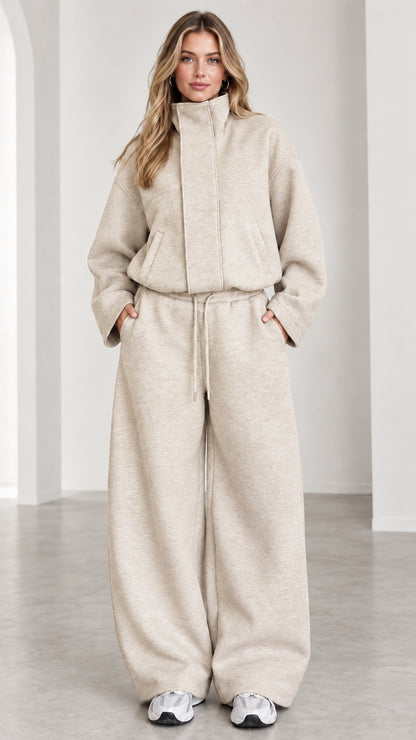 Women's oatmeal beige matching funnel neck sweatshirt and wide leg pants set