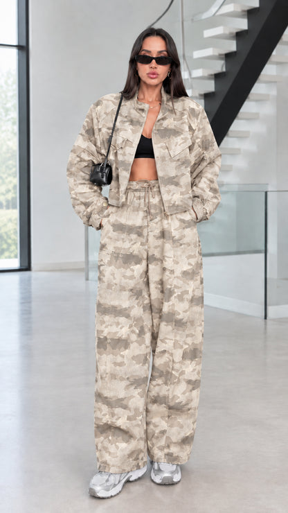 Model wearing Beige Camo cropped jacket and wide-leg pants set