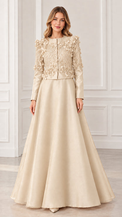 Champagne beige 3D floral embellished evening gown