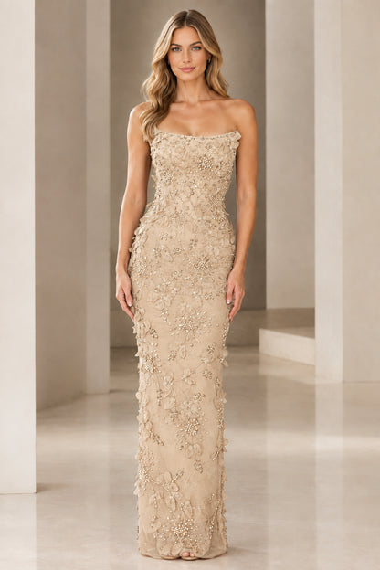 Front view of strapless 3D floral beaded column gown in champagne