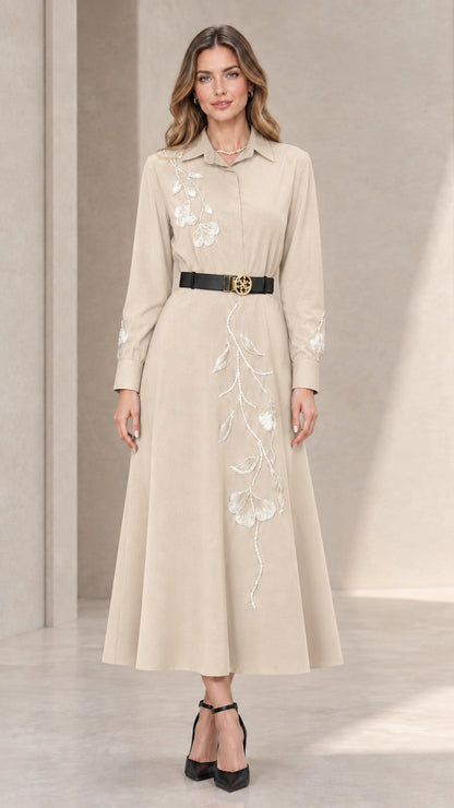 Front full view of beige cream embroidered long sleeve midi shirt dress