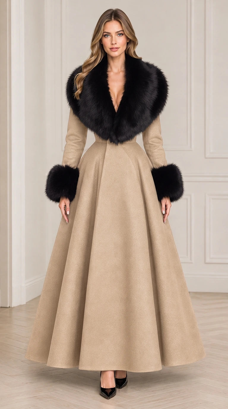 Model wearing beige maxi coat featuring contrasting black faux fur trim
